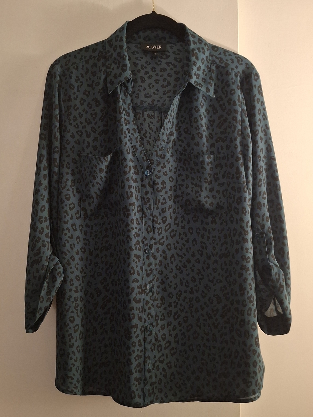 A.Byer Women's Teal Leopard Print Button-Up Shirt
